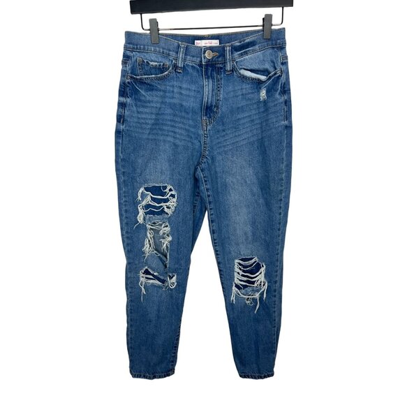 SO Curvy Mom High Rise Ripped Distressed Stretch Jeans Size 7 28W Medium Wash - Picture 1 of 11